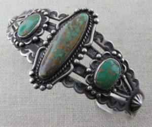 Triple Turquoise Stone and Sterling Silver Fred Harvey Bracelet