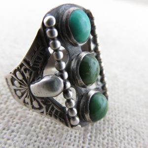 Fred Harvey Ring with 3 Natural Cerrillos Turquoise Cabochons