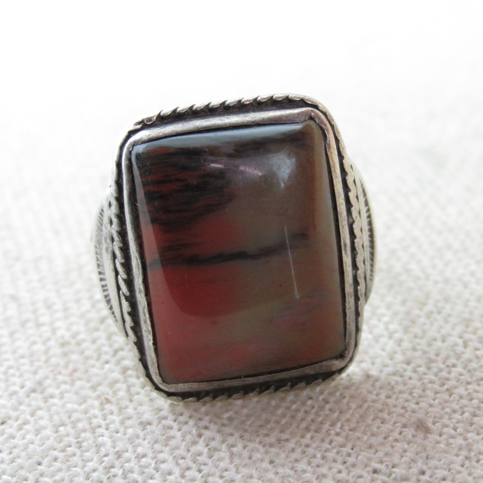 Red & Black Petrified Wood and Sterling Silver Fred Harvey Ring