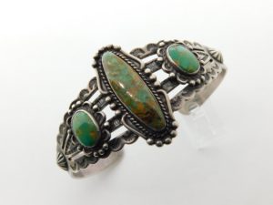 3 TURQUOISE STONE with Repousse Cones Sterling Silver Fred Harvey Bracelet