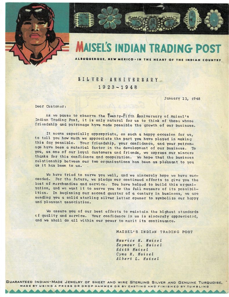 Maisel's Indian Trading Post Letter