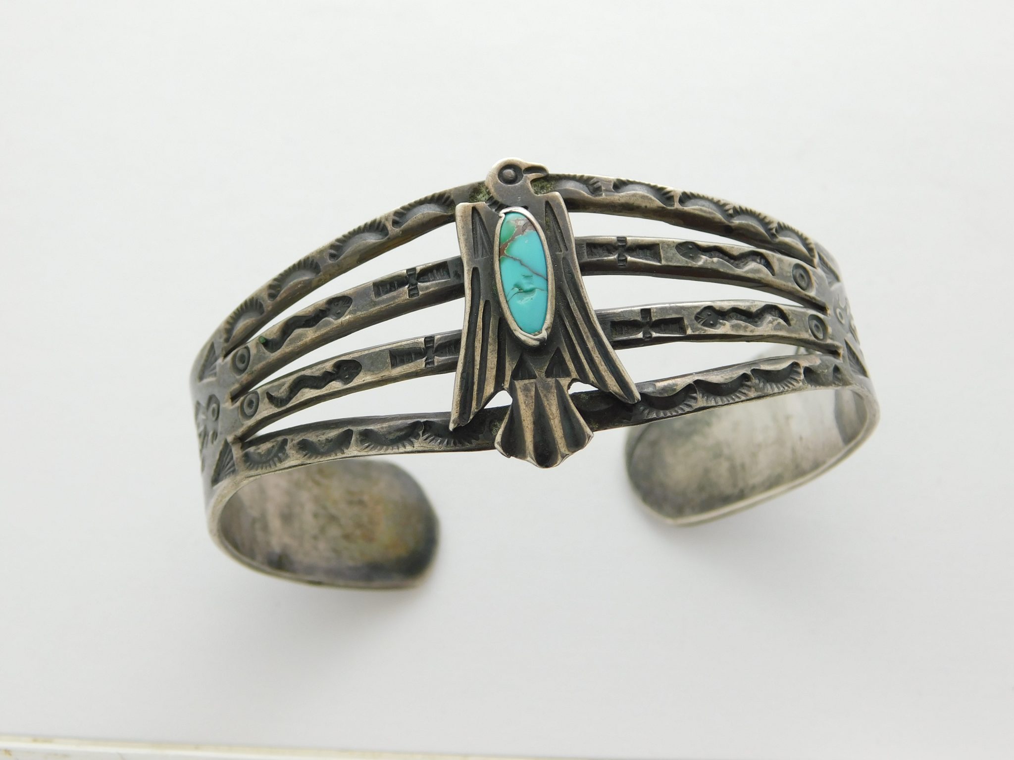 Fred Harvey Arrow Novelty Company Navajo Turquoise and Sterling Silver Thunderbird Bracelet