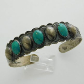 Indian Handmade Coin Silver and Cerrillos Turquoise Fred Harvey Bracelet