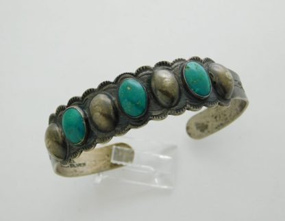 Indian Handmade Coin Silver and Cerrillos Turquoise Fred Harvey Bracelet