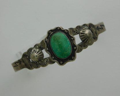 Fred Harvey Repousse' Cactus, Lightening Bolt, and Cerrillos Turquoise Sterling Silver Bracelet