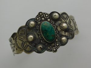 Fred Harvey Repousse' Thunderbird, Arrow, and Cerrillos Turquoise Sterling Silver Bracelet