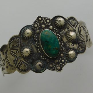 Fred Harvey Repousse' Thunderbird, Arrow, and Cerrillos Turquoise Sterling Silver Bracelet